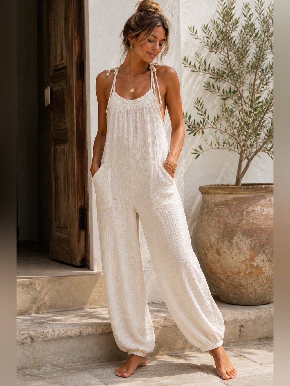 Anthro Saturday Sunday Gauze Jumpsuit XS Cream Boho Beachy Romper